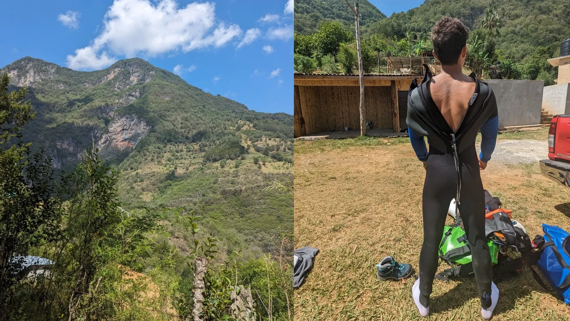 el cerro de la Sierra Gorda y una persona con equipo para rappel de espaldas a la cámara en el Cañón del Infiernillo.