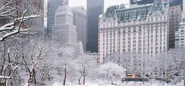 fachada del hotel el plaza en Nueva York nevado